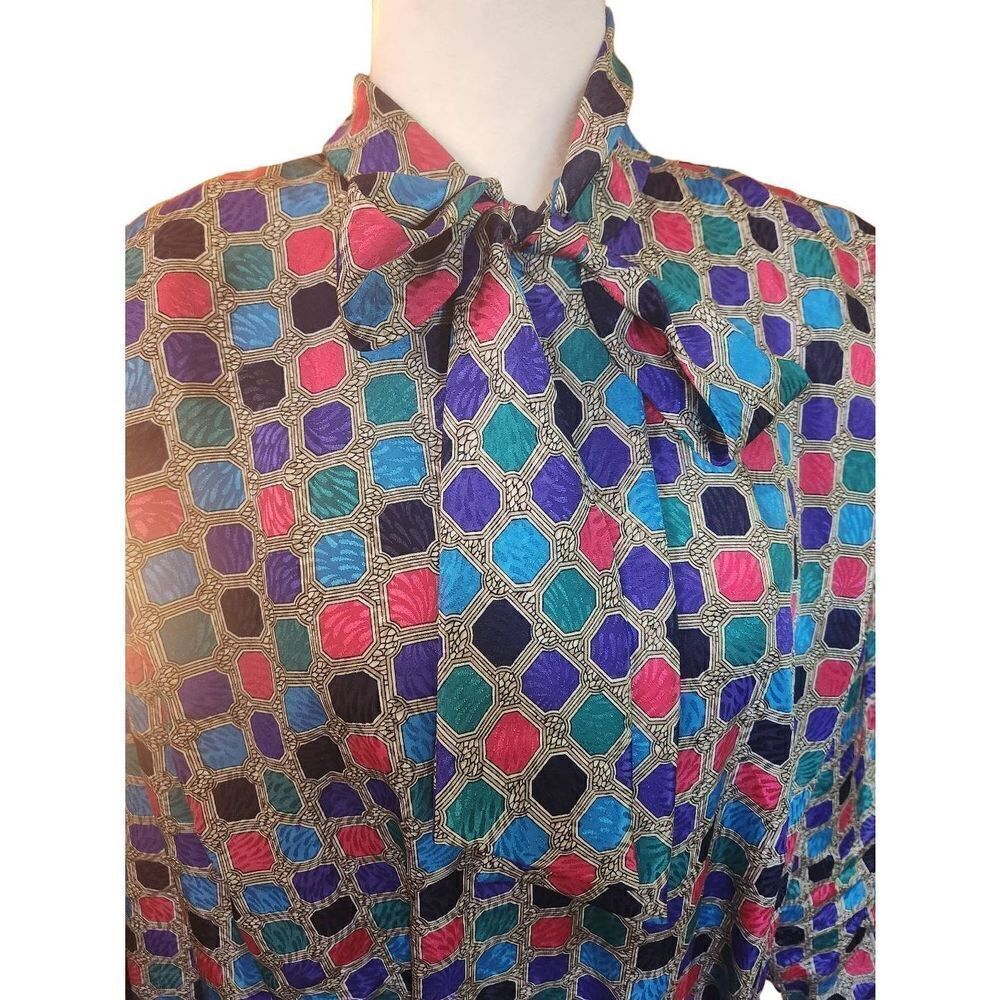Vintage Bow Front Shift Dress Silky Satin Polyester Geometic Print Neon Colorful